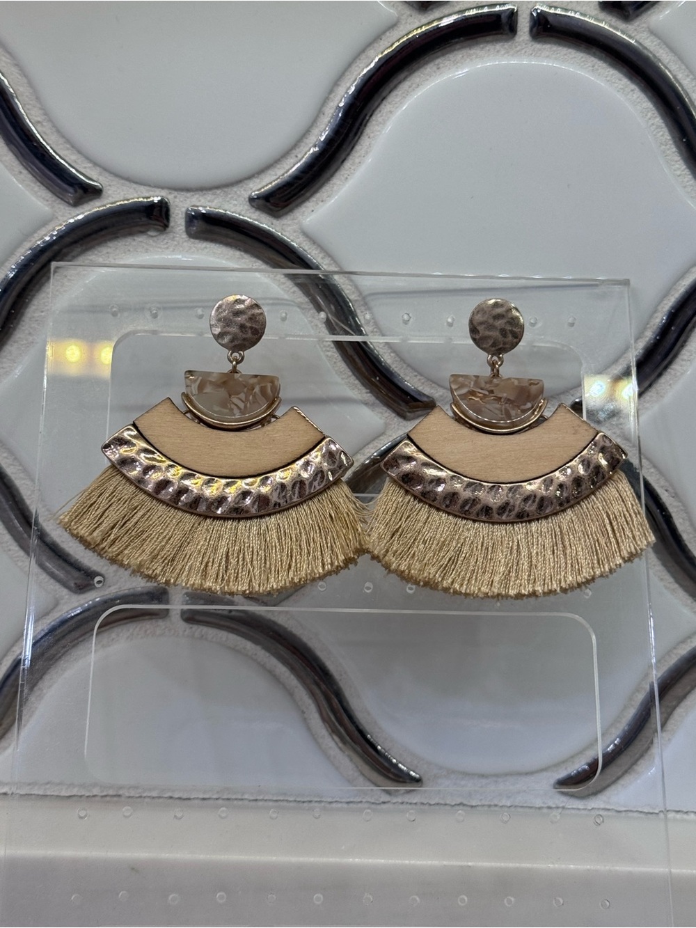 Gold Tassel Fringe Statement Earrings - Beige